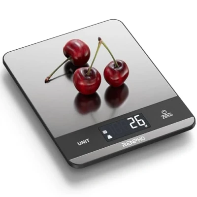 Abbildung von RENPHO Küchenwaage Digital 5kg, Waage mit 7 Einheiten, Digitalwaage Großer LCD Anzeige, Edelstahl Wiegefläche, Flüssigkeitsmessung, hohe Genauigkeit bis 1g