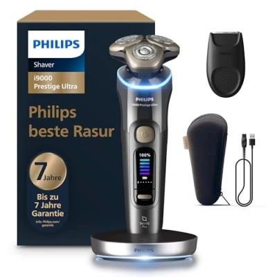 Abbildung von Philips Rasierer i9000 Prestige Ultra, Nass und Trockenrasierer für Männer, dunkelgrau, Druck Bewegungssensor, Trimmeraufsatz, Ladestation Reiseetui (Modell XP9402/11)