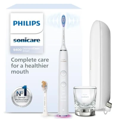 Abbildung von Philips Sonicare DiamondClean Smart 9400 elektrische Zahnbürste, Schallzahnbürste mit App, Drucksensor, Bürstenkopferkennung, 4 Putzmodi und 3 Intensitätsstufen, Weiß, Modell HX9917/88