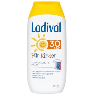 Abbildung von Ladival Kinder Sonnenmilch LSF 30 Parfümfreie Sonnenschutzlotion für ohne Farb und Konservierungsstoffe wasserfest 1 x 200 ml