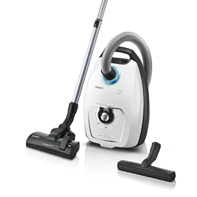 Abbildung von Siemens Staubsauger mit Beutel Z 7.0 VSZ7442S, ideal für Allergiker, Hygiene Filter Plus, extrem leise, Bodendüse Parkett, Teppich, Fliesen, langes Kabel, XXL Polsterdüse, Fugendüse, 650 W, weiß