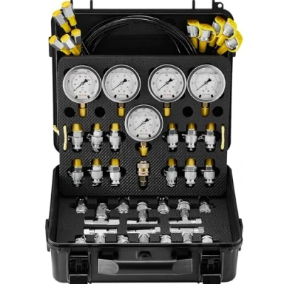 Abbildung von VEVOR Hydraulikdruck Testkit, 10/100/250/400/600 bar, 5 Messgeräte, 13 Kupplungen, 14 T Anschlüsse, Testschläuche, Bagger Hydraulik Testmanometer Set mit Tragetasche für Traktoren Maschinen