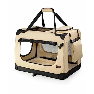 Abbildung von lionto Hundetransportbox faltbar für Reise &amp; Auto, 70x52x50 cm, stabile Transportbox mit Tragegriffen Decke Katzen Hunde bis 15 kg, robuste Hundebox aus Stoff klein groß, beige