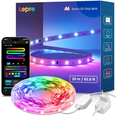 Abbildung von Lepro AI LED Strip S1, RGBIC 20M Smart Streifen mit KI Lichtdesign Assistent, Musik Sync, App Steuerung kompatibel Alexa &amp; Google Assistant, Lichterkette für TV, Party Gaming