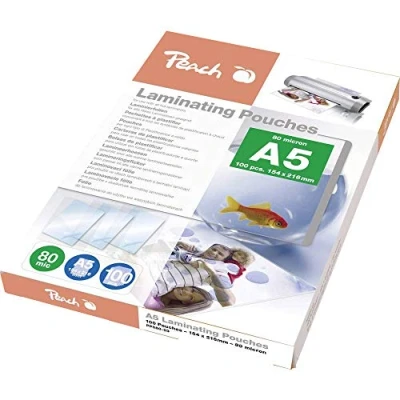 Abbildung von Peach Laminierfolien A5 80 mic 100 pouches glänzend Premiumqualität für beste Laminierergebnisse kompatibel mit Geräten aller Markenhersteller PP580 03