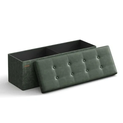 Abbildung von SONGMICS Sitzhocker mit Stauraum, klappbare Sitzbank, 38 x 110 cm Fußbank, Aufbewahrungsbox, bis 300 kg belastbar, für Wohnzimmer Schlafzimmer Flur, waldgrün LSF070C01