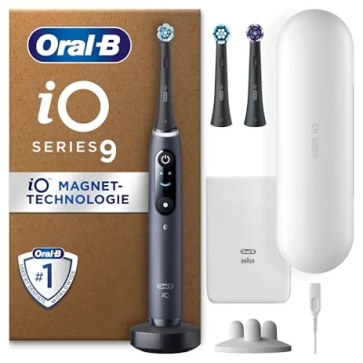 Abbildung von Oral B iO Series 9 PLUS Edition Elektrische Zahnbürste/Electric Toothbrush, 3 Aufsteckbürsten, 7 Putzmodi für Zahnpflege, Lade Reiseetui, Designed by Braun, black onyx