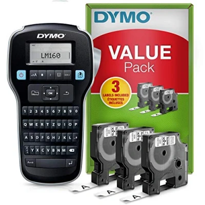 Abbildung von DYMO LabelManager 160 Tragbares Beschriftungsgerät Starter Set Etikettiergerät mit QWERTZ Tastatur &amp; Einfache Textbearbeitung 3 Rollen für D1 Etiketten in 6, 9 und 12mm Breite