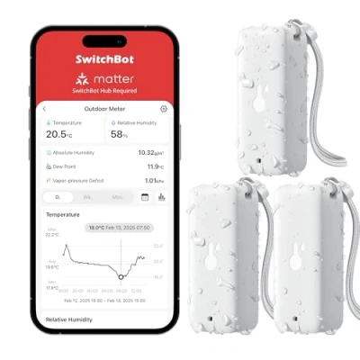 Abbildung von SwitchBot IP65 Thermometer Hygrometer Innen Außen 3er, 120m Bluetooth Reichweite, Taupunkt/VPD/Absolute Feuchtigkeitssensor, Temperatursensor, Kostenloser Datenspeicherung, 2 Jahre Batterielebensdauer