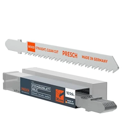 Abbildung von Presch Stichsägeblätter Holz 10 Stk. Sehr sauberer, gerader Feinschnitt (3 30mm) Langlebige T Schaft Sägeblätter für jede Stichsäge Spanplatten, Weichholz, MDF, uvm.