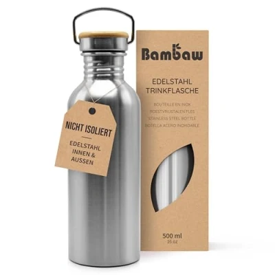 Abbildung von Bambaw Wasserflasche Edelstahl, Einwandig, Trinkflasche 500ml, Nicht Isolierte Auslaufsichere Wasserflasche, Metall, Edelstahlflasche Kinder, Smarte