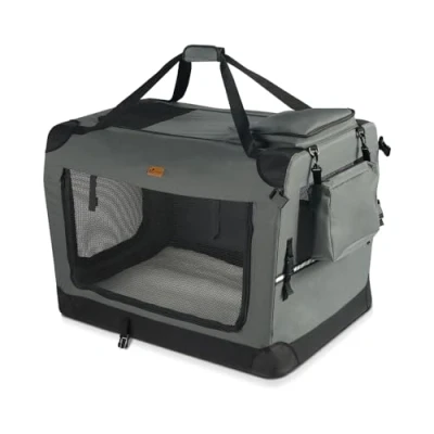 Abbildung von VOUNOT Hundebox faltbar, Transportbox Katze Hunde, Hundetasche, Oxford Gewebe, Netzstoff, Atmungsaktiv, Transportabel, Metallrahmen, mit Griffen, Taschen, 60x44x44cm M, Grau