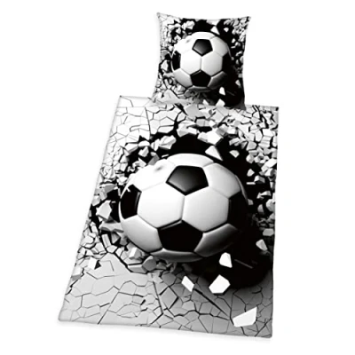 Abbildung von Herding 3D Effekt Bettwäsche Set, Fußball, Kopfkissenbezug 80 x cm, Bettbezug 135 200 Mit leichtläufigem Reißverschluss, 100% Baumwolle/Renforcé, Grau/Weiß