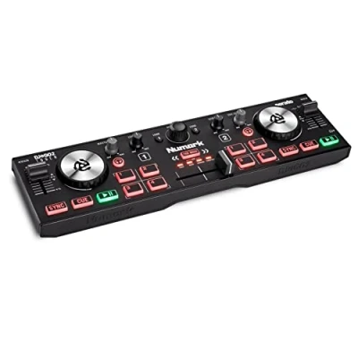 Abbildung von Numark DJ2GO2 Touch Mini DJ Controller für unterwegs 2 Deck USB Pult mit Audio Interface und kapazitativen Jogwheels, 4 Pad Modi; Software enthalten