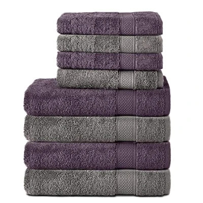 Abbildung von Komfortec 8er Handtuch Set aus 100% Baumwolle, 4 Badetücher 70x140 und Handtücher 50x100 cm, Frottee, Weich,Groß, Anthrazit Grau/Violett