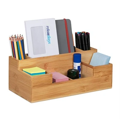 Abbildung von Relaxdays Schreibtisch, 7 Fächer, Bambus Organizer, Büro, Küche, Bad, Tischorganizer HBT 11x30x15cm, Natur, 1 Stück
