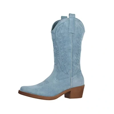 Abbildung von Elara Damen Cowboy Stiefel Biker Boots Chunkyrayan 301 A32S Blau Suede 38