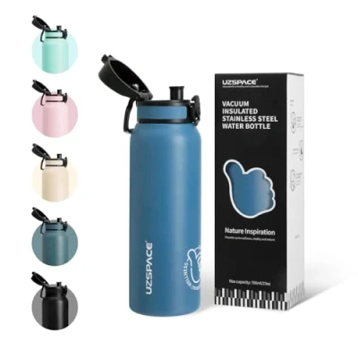 Abbildung von UZSPACE Kinder Trinkflasche Edelstahl 700ml, doppelwandige Isolierflasche mit Klappdeckel, Ein Klick Verschluss, Auslaufsicher, Metall Wasserflasche Mädchen Jungen für Uni Schule Sport wandern Auto