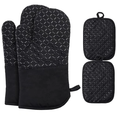 Abbildung von Ankway Ofenhandschuhe Topflappen Topfhandschuhe 4er Set Hitzebeständige und rutschfeste Backhandschuhe, weiche Baumwolle, Lange Flexible Dicke silikon Kochhandschuhe zum Kochen (30CM Topflappen)
