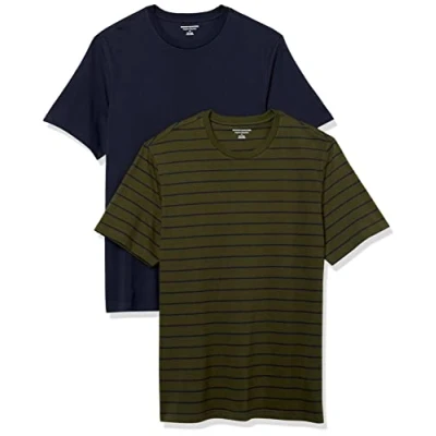 Abbildung von Amazon Essentials Herren Kurzärmeliges T Shirt mit Rundhalsausschnitt aus Baumwolle Regular Fit, 2er Pack, Marineblau/Olivgrün Streifen, M