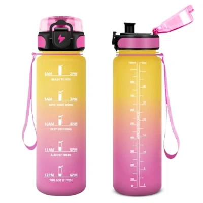 Abbildung von Vikastar Trinkflasche, 1l BPA Frie, Trinkflasche Sport, Kohlensäure Geeignet, Sportflasche für Kinder, Schule, Outdoor, Gelb Rosa