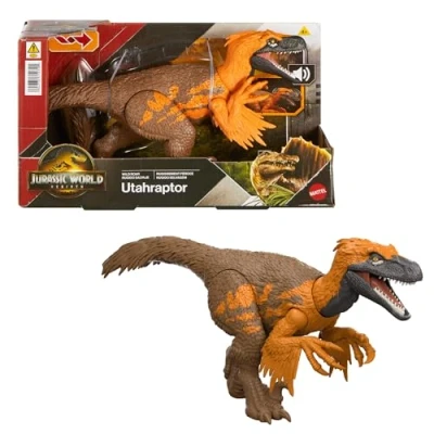 Abbildung von Mattel Jurassic World: Die Wiedergeburt Wild Roar Utahraptor Dinosaurierspielzeug mit steuerbarem Beiß Angriff in mehrere Richtungen und Brüllgeräusch, beweglich, Spielmöglichkeiten, JGC80