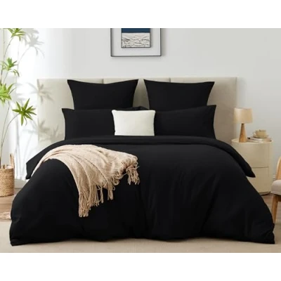 Abbildung von WAVVE Bettwäsche 200x200 3 teilig Schwarz Bettbezug 200 x Set mit Kissenbezüge 65x65 cm, Sets 2x2m aus Mikrofaser Reißverschluss Weich und Bügelfrei