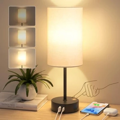 Abbildung von STANBOW Nachttischlampe Touch Dimmbar, Tischlampe mit USB A+C Ladeanschlüssen, Leinen Lampenschirm, Kleine Lampe für Schlafzimmer, Wohnzimmer, Babyzimmer, Schlafsaal, Heimbüro
