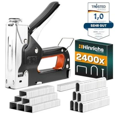 Abbildung von Hinrichs Handtacker Set 3 in 1 Profi Tacker für Holz Stofftacker Handwerker zum Fixieren mit Klammern Möbeltacker Staple Gun Holztacker 1600 &amp; 800 Nägeln