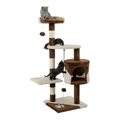 Abbildung von lionto Kratzbaum für Katzen mit 2 Plüschbällen &amp; Spielseil, Höhe 112 cm, Katzenbaum Sisalseil Plüsch, gemütliche Liegefläche Höhle, inkl. Wandhalterung, kleine große Katzen, braun/beige