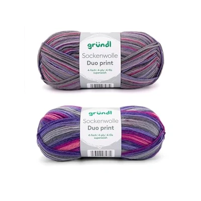 Abbildung von Gründl Sockenwolle Duo Strickset aus 2 x 100 g Sockengarn (75% Schurwolle (superwash), 25% Polyamid) + Anleitung, violett lila