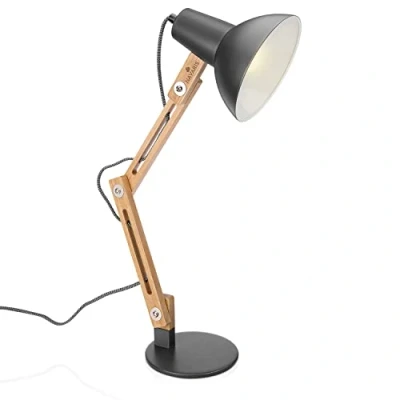 Abbildung von Navaris Design Holz Schreibtischlampe E27 Fassung mit Standfuß Retro Tischlampe verstellbarem Gelenkarm Vintage Nachttischlampe Dunkelgrau