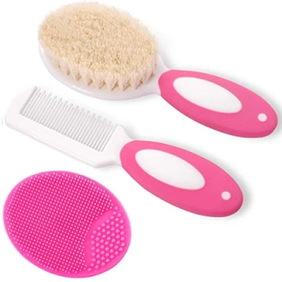 Abbildung von Baby haarbürste und Kamm Set für Neugeborene &amp; Kleinkinder Natürliche Weiche Ziegenborsten Ideal Cradle Cap Geschenk zur registrierung (Rosenrot)