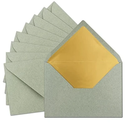 Abbildung von 10x DIN C5 Kuverts 15,6 x 22 cm aus Kraft Papier in Naturgrau (Grau) mit goldenem Seidenfutter Nassklebung Blanko Brief Umschläge Recycling Serie UmWelt