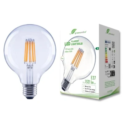 Abbildung von greenandco Glühfaden LED Lampe klar E27 G125 7,2W 1521lm ersetzt 100W 3000K warmweiß 320 230V flimmerfrei Energieeffizienzklasse A nicht dimmbar