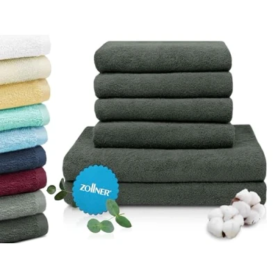 Abbildung von ZOLLNER Handtuch Set aus 4 Handtücher 50x100 cm &amp; 2 Duschtücher 70x140 saugstarke und weiche Tücher in dunkelgrau mit praktischem Aufhänger waschbar bis 60C Baumwolle Hotelqualität