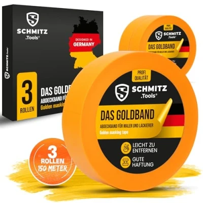 Abbildung von SCHMITZ.Tools Goldband Abklebeband Maler Profi (30mm x 50m) 3x Malerklebeband für Malerarbeiten und Renovierungen Abdeckband Klebeband zum Streichen, Lackieren Malerband 30mm
