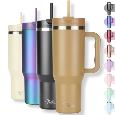 Abbildung von Milu Thermobecher 1200ml mit Strohhalm und Henkel 48h Eis/24h kalt/12h heiß Edelstahl Tumbler 40oz Griff Isolierbecher to go Isolierflasche Trinkflasche doppelwandig isoliert (Braun, 1,2L)