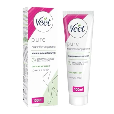 Abbildung von Veet Pure Haarentfernungscreme für Körper, Arme &amp; Beine Enthaarungscreme trockene Haut Minimum an Inhaltsstoffen angenehmer Duft 100 ml