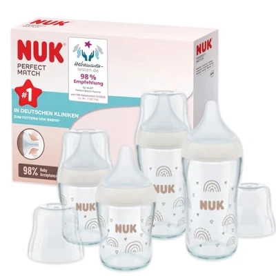 Abbildung von NUK Perfect Match Glas Babyflaschenset Ab 3 Monate Passt sich dem Baby an Temperature Control Anti Colic 120 ml und 230 BPA frei Silikontrinksauger Regenbogen 4 Stück