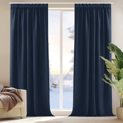 Abbildung von Deconovo Vorhang Blickdicht Kräuselband Gardine Verdunkelung dicke Thermogardine Kälteschutz warm Hitzeschutz, 214x132cm(HöhexBreite), Dunkelblau, 2er Set