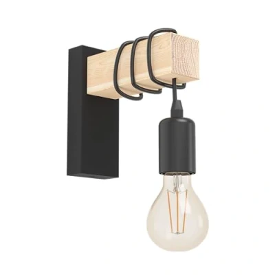 Abbildung von EGLO Wandlampe innen Townshend, Vintage Wandleuchte mit Holzbalken, Retro Wand Lampe aus Holz und Metall in Schwarz, E27, FSC zertifiziert