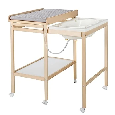 Abbildung von roba Bade Wickel Kombination + Wickelauflage Style grau Mobiler Wickeltisch mit integrierter Badewanne Kombi ausziehbarer Wickelfläche Holz natur