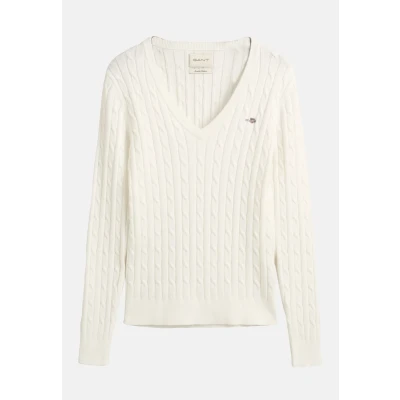 Abbildung von GANT Stretch Cable Vneck Strickpullover, Damen, Größe: XS, Eggshell