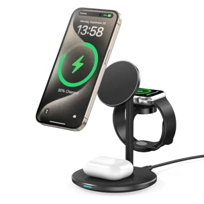 Abbildung von 15W Mag Safe Ladestation für iPhone 15 14,3 in 1 induktive mehrere Geräte,Mag Ladegerät iWatch Ultra 2/1/Series 9,AirPods,Black