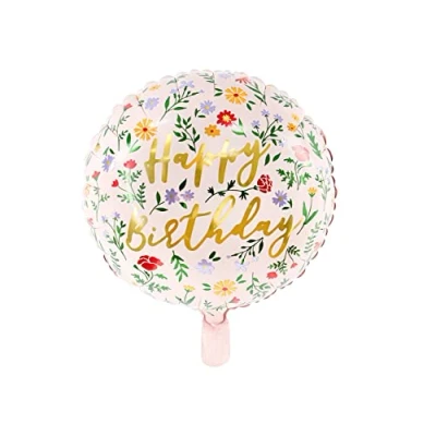 Abbildung von Folienballon Happy Birthday 35cm rund Blumen Schriftzug Helium Luftballon Kindergeburtstag Garten