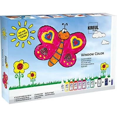 Abbildung von KREUL 42752 Window Color Fenstermalfarben Set, mit 8 Farben in 80 ml Malflaschen, schwarze Konturenfarbe, Nachtleuchtfarbe, Folien, Glasperlen und Motivvorlagen, bunt