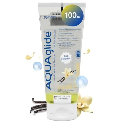 Abbildung von Joydivision AQUAglide Vanille Gleitgel 100ml, Veganes Gleitmittel, auf wasserbasis mit einen sinnlichen Duft, kristallklares Gleitmittel geeignet für Latex kondome