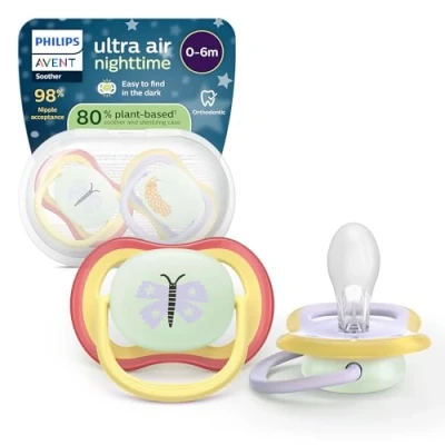 Abbildung von Philips Avent ultra air Nighttime Schnuller kiefergerecht geformtes Design, für Babys von 06 Monaten, leuchtet im Dunkeln, weicher, symmetrischer Silikonsauger, BPA frei, 2er Pack, SCF376/25