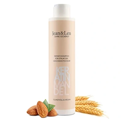 Abbildung von Jean &amp; Len Repair Shampoo Keratin Mandel, für strukturgeschädigtes und widerspenstiges Haar, bändigt Frizz, gesünder aussehendes ohne Parabene Silikone, vegan, 300 ml